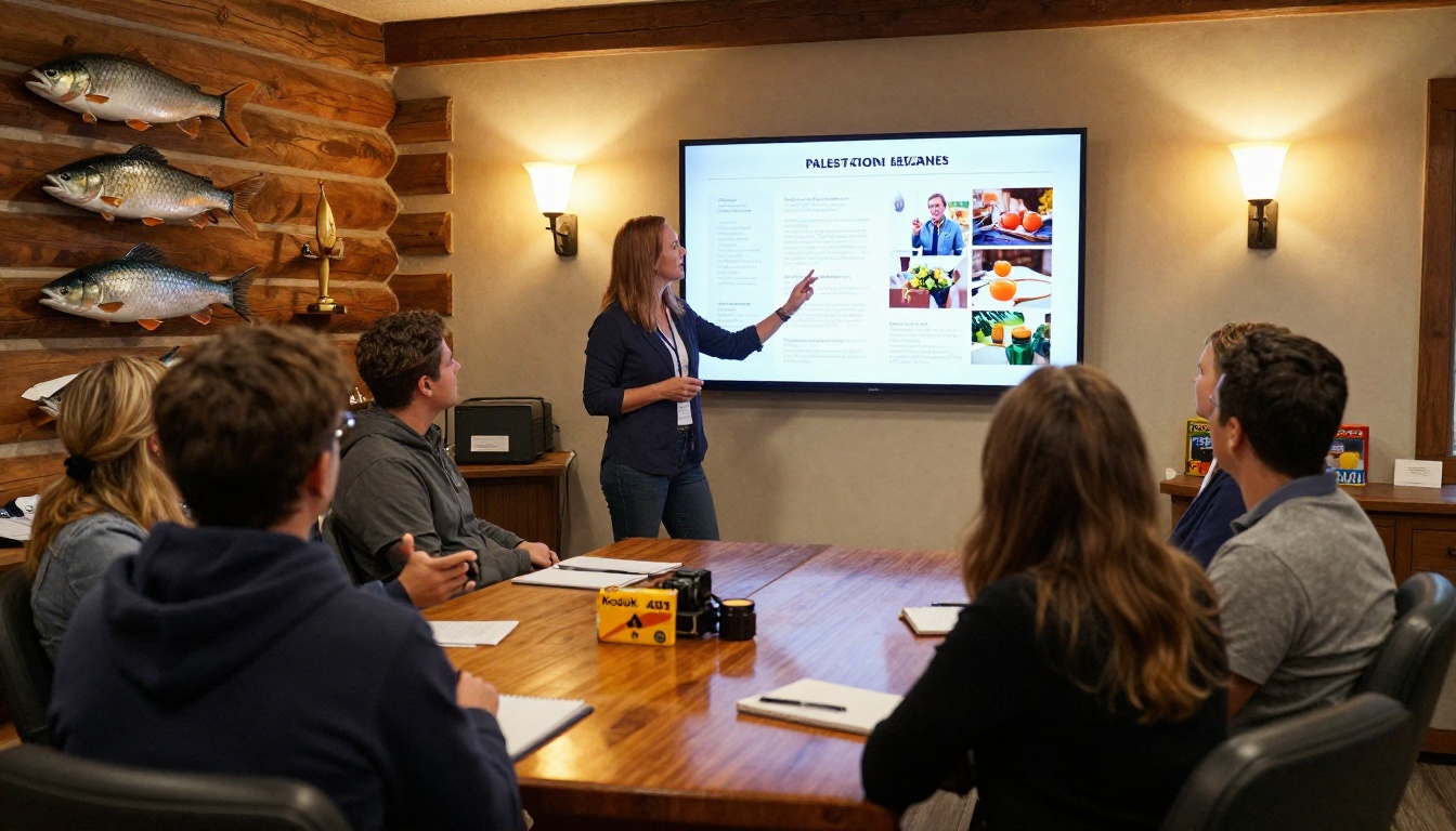 Sales manager presenting a seasonal lookbook to retailers in a log-cabin style showroom