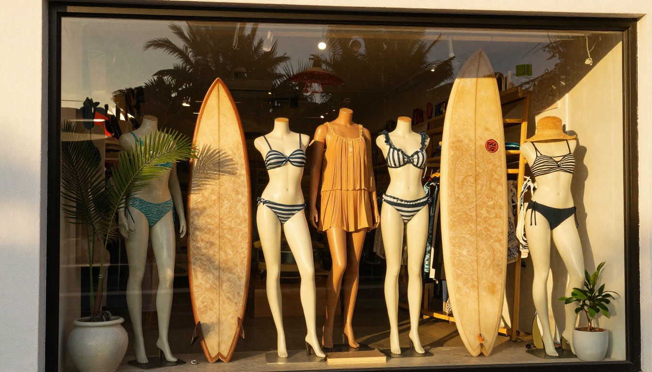 Swimwear brand display in a surf shop window