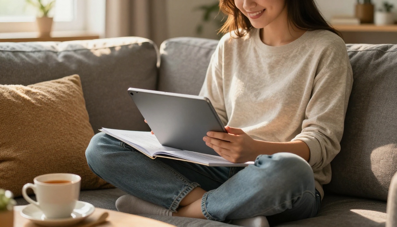 A smiling student reading lesson pages on a tablet in a living room A smiling student reading lesson pages on a tablet in a living room