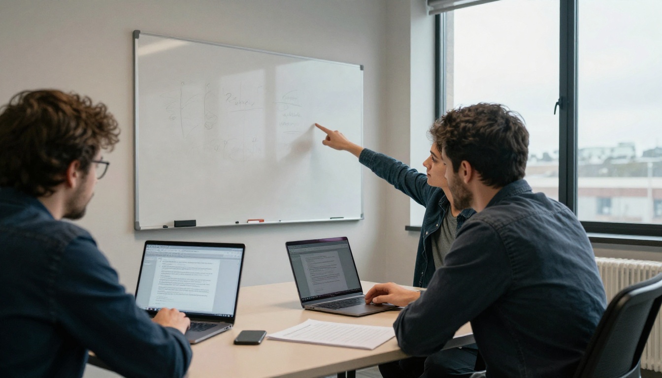 Two co-founders editing a draft on a laptop in a glass meeting room