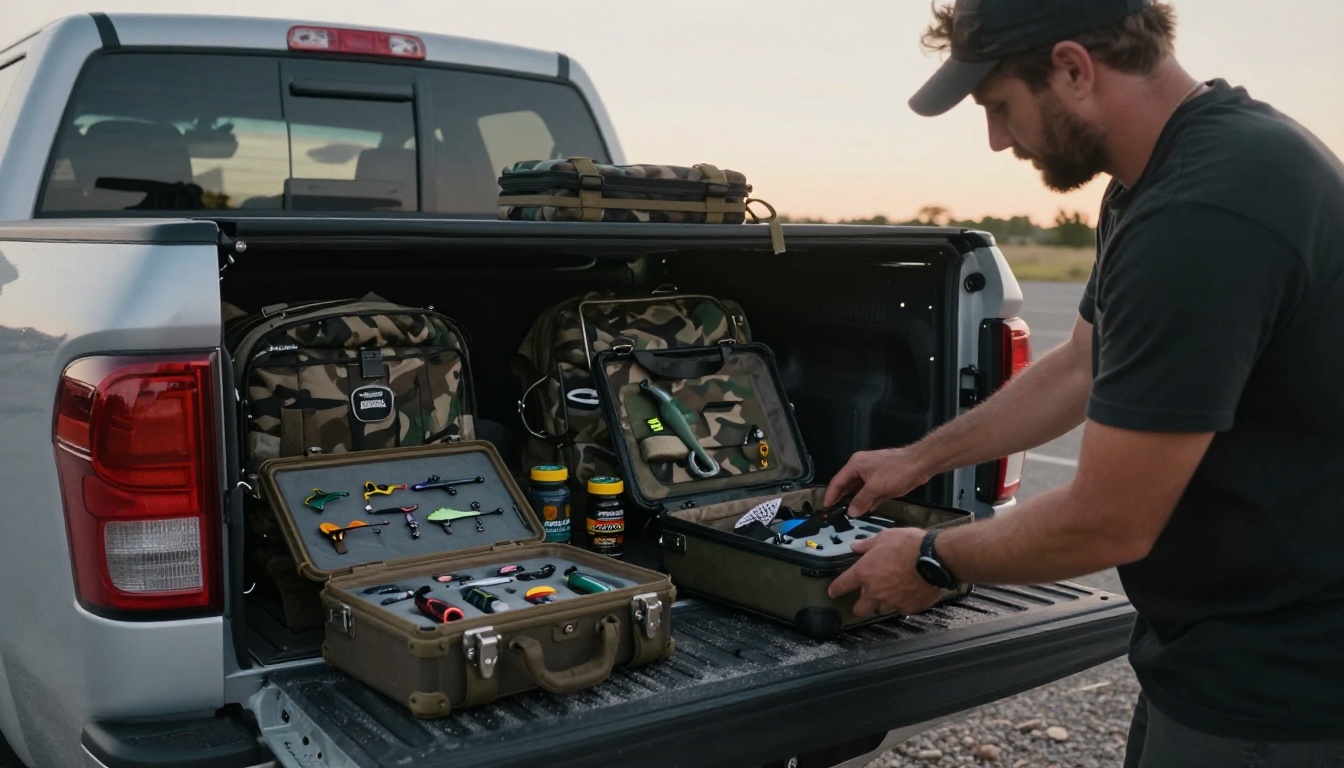Sample cases of fishing tackle and apparel loaded on a pickup tailgate