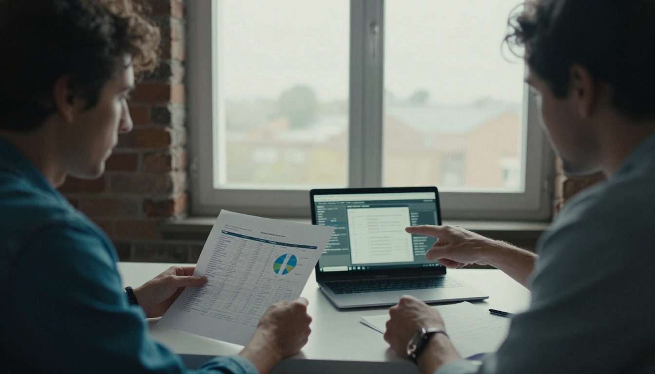 Two colleagues at a standing desk reviewing printed sales data and a dashboard Two colleagues at a standing desk reviewing printed sales data and a dashboard