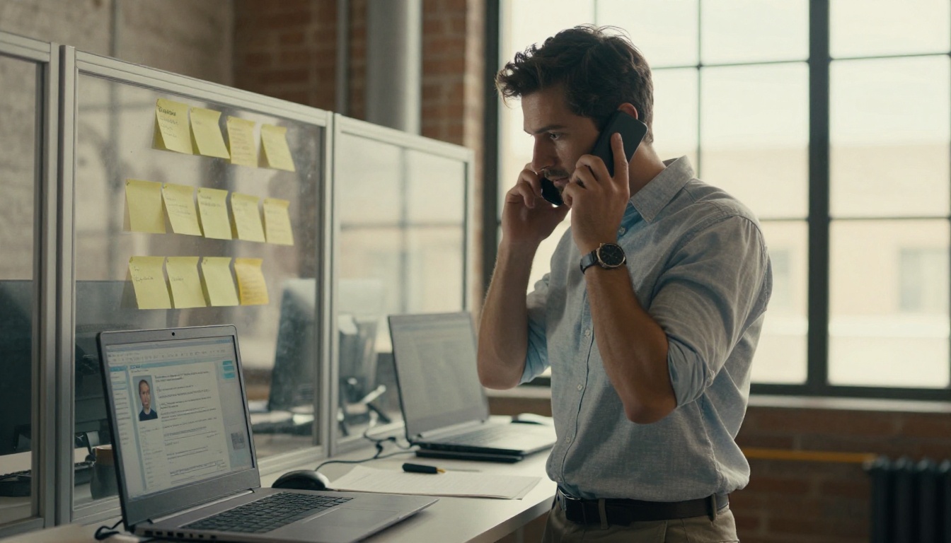 Recruiter on a phone call while viewing a candidate summary on a laptop in a loft office