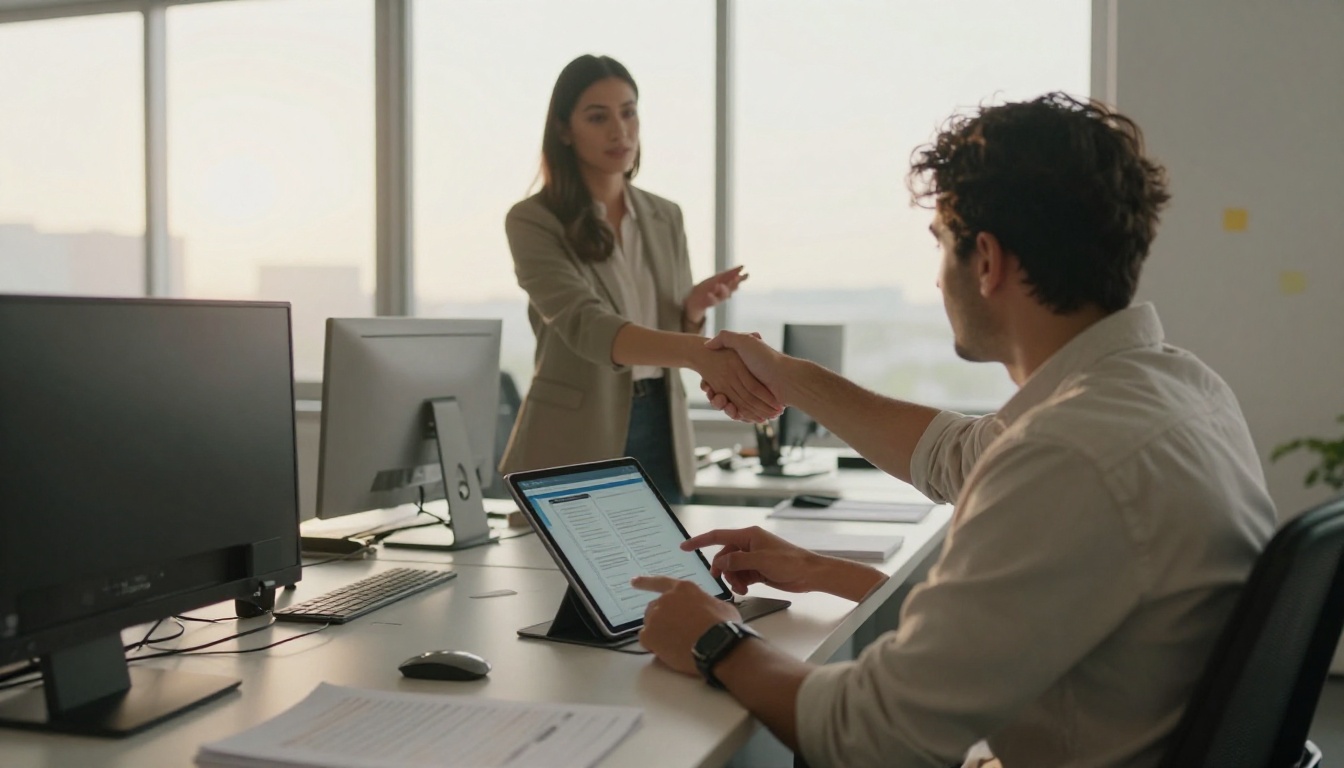 New hire at a desk on her first day with a manager welcoming her