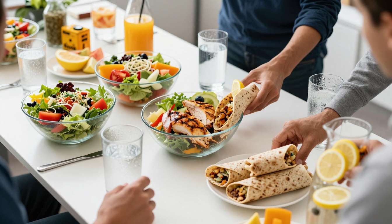 A healthy office lunch spread with salads, fruit and wraps A healthy office lunch spread with salads, fruit and wraps