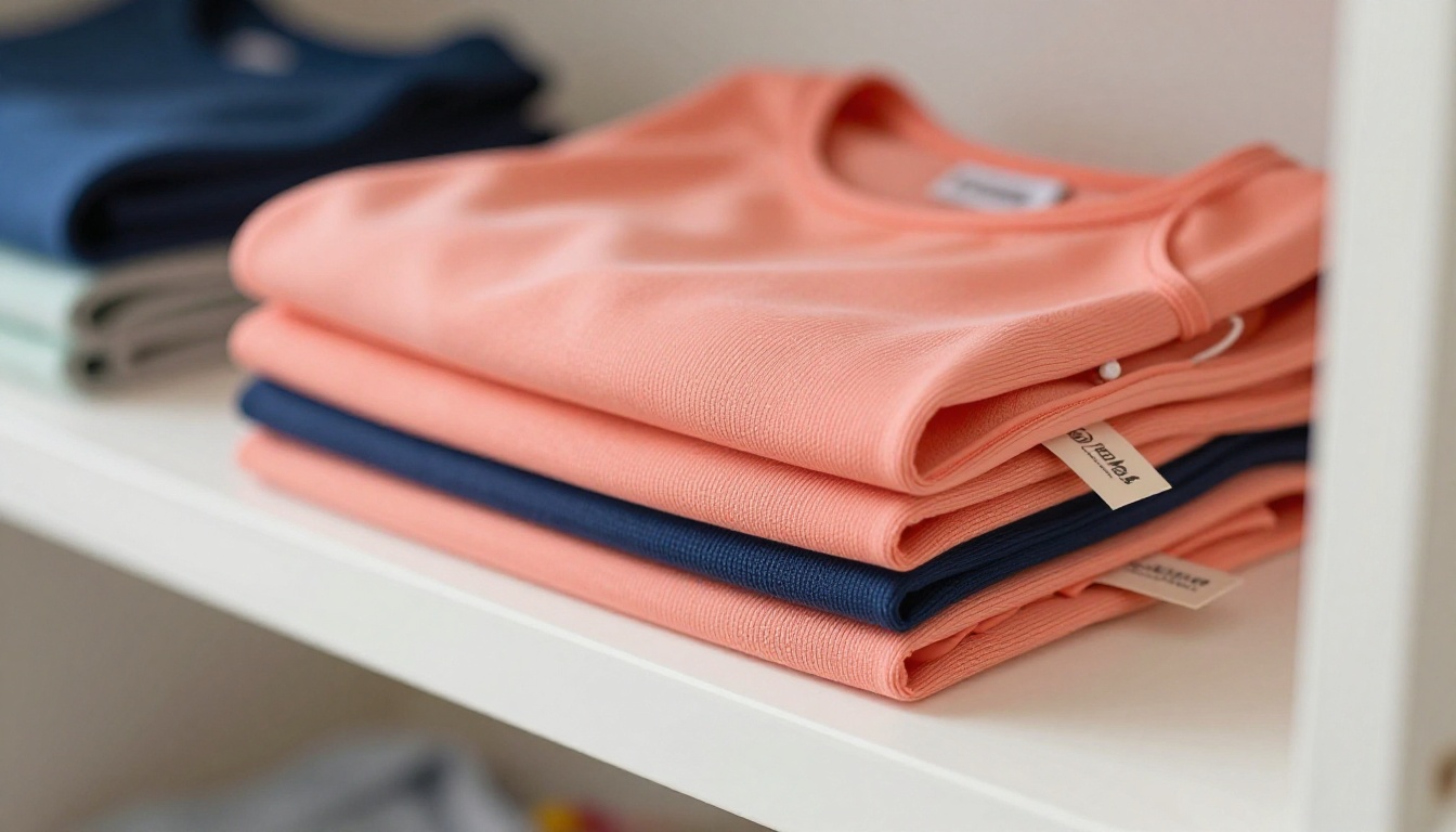 Neatly folded swimwear on a wooden shelf with hang tags
