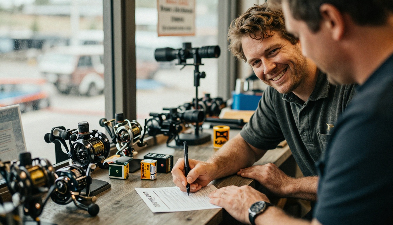 Retailer signing a purchase order and shaking hands with a brand rep at a gear shop counter