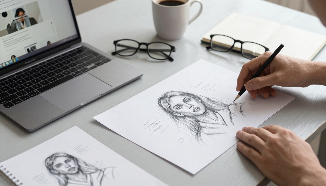 Flat lay of printed design sketches, a laptop and a notebook used as candidate work samples