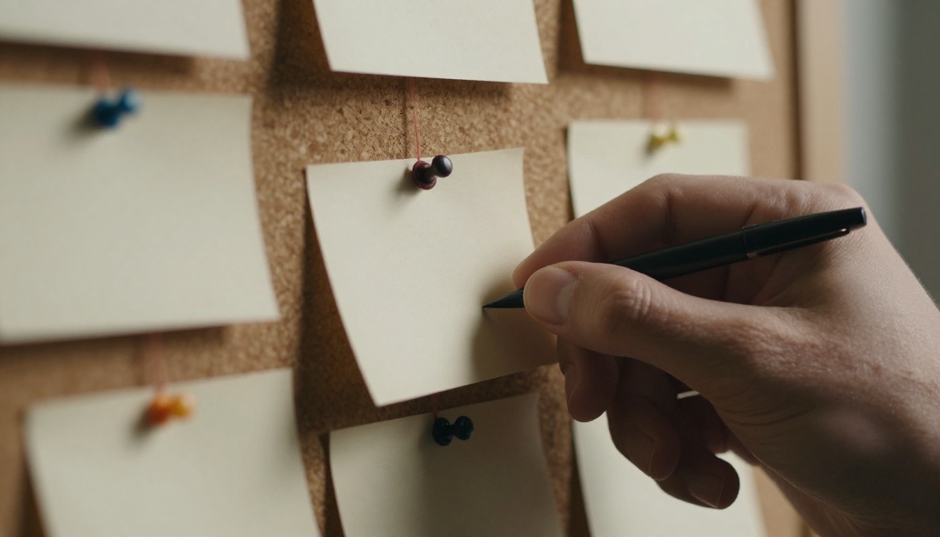 Hand pinning an index card to a corkboard