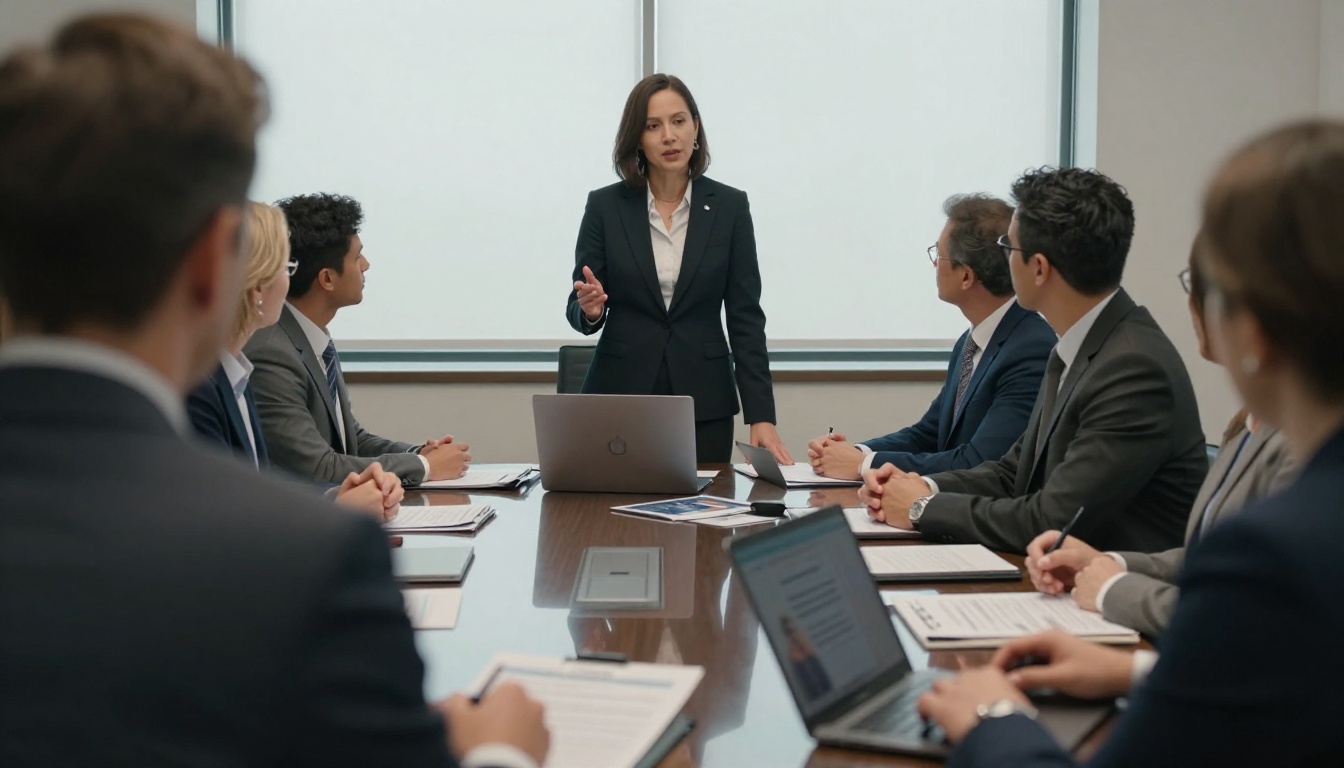 An HR director presenting wellness options to executives An HR director presenting wellness options to executives