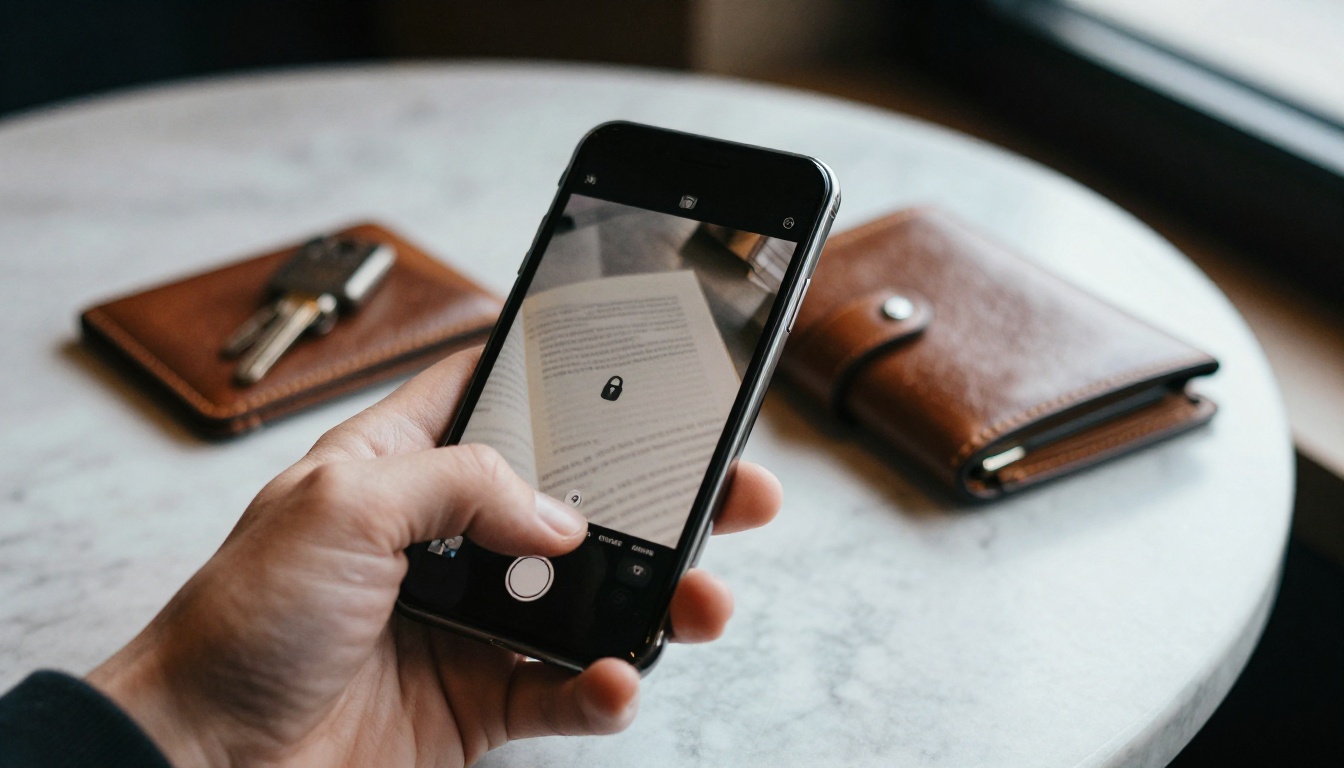 A hand holding a smartphone showing a protected lesson page at a cafe table A hand holding a smartphone showing a protected lesson page at a cafe table