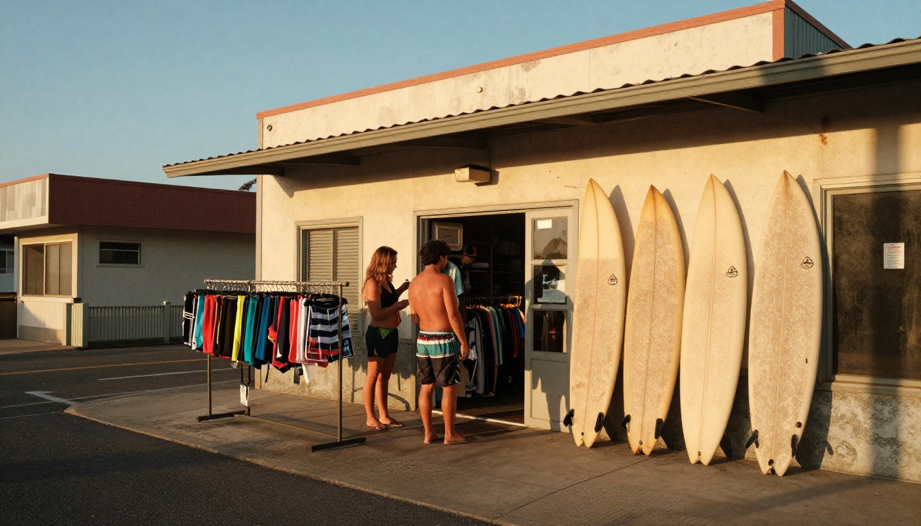 Surf shop storefront on a coastal street at golden hour