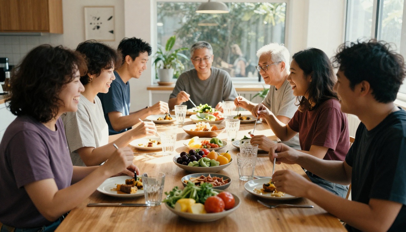 Small team sharing lunch around a wooden table