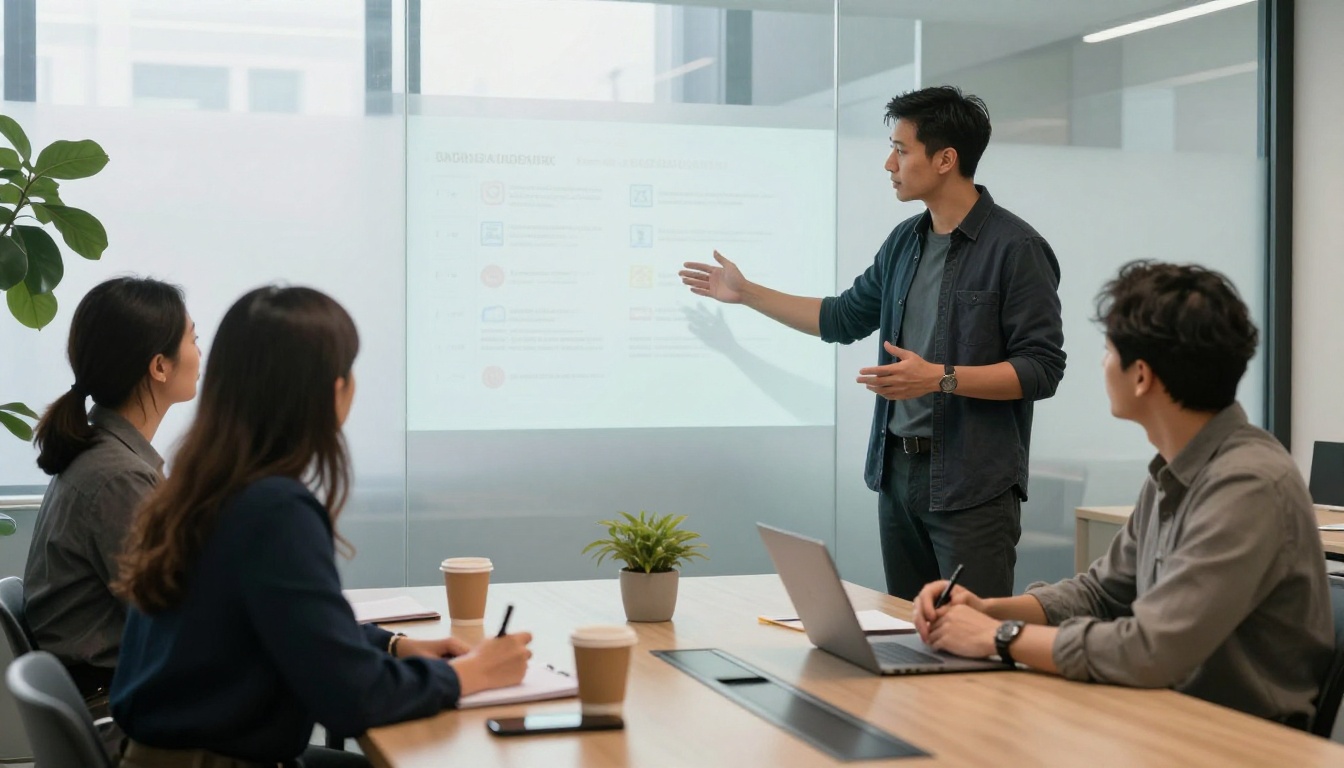 Three colleagues in a glass walled meeting room discussing a candidate pack on a wall screen
