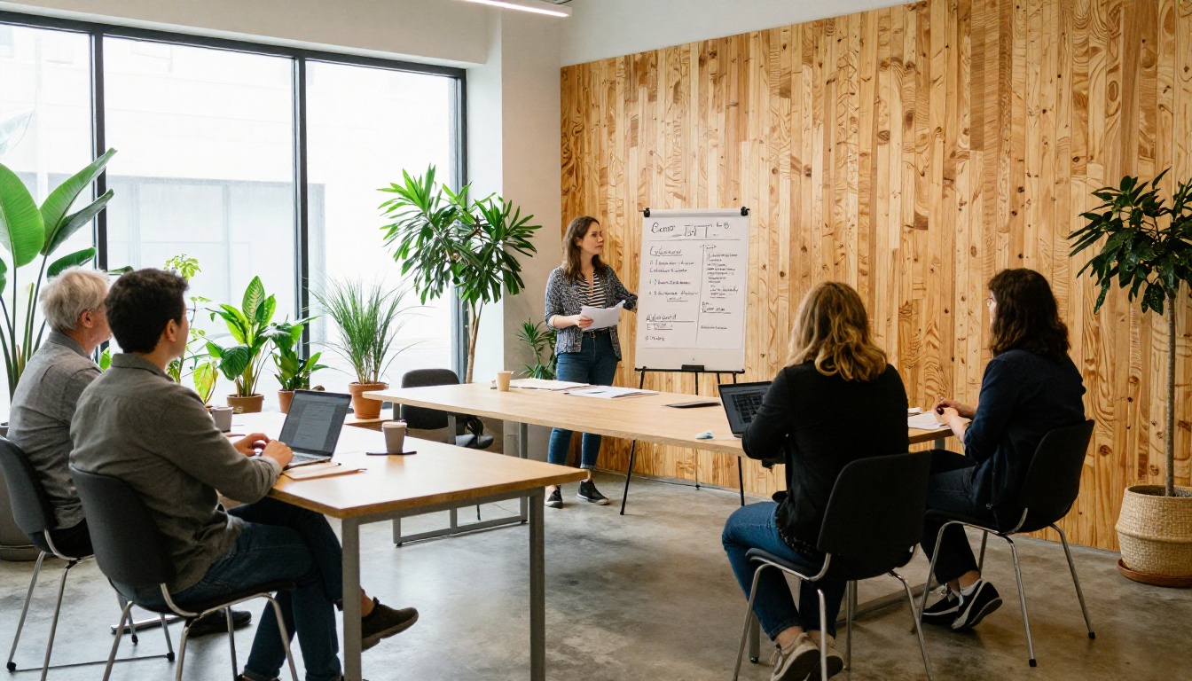 A presenter showing a course outline to three adults at a long table in a bright co-working space A presenter showing a course outline to three adults at a long table in a bright co-working space