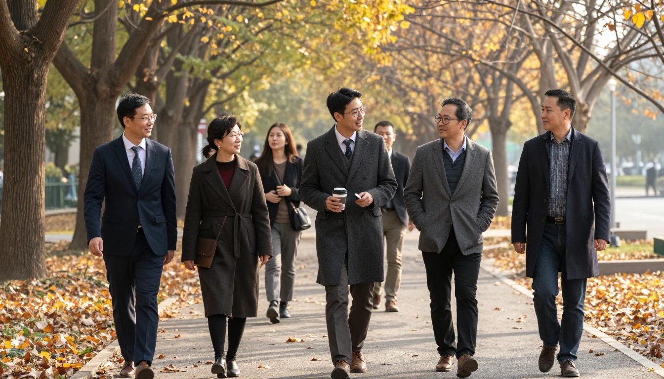 Coworkers on a walking meeting outdoors Coworkers on a walking meeting outdoors