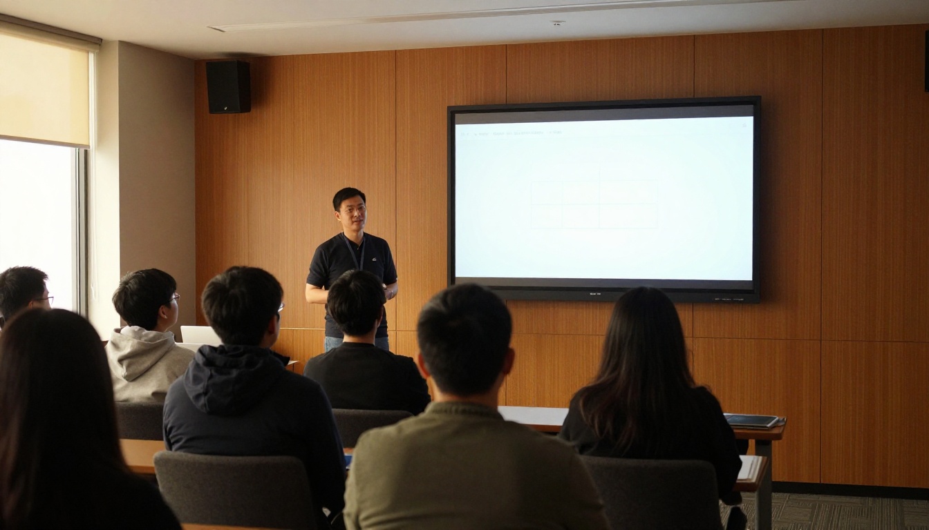 Founder presenting to a seated team in a small conference room