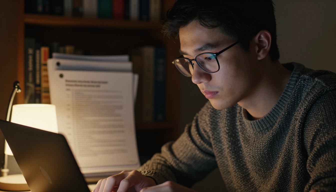 A student with glasses logging into a protected lesson on a laptop at night A student with glasses logging into a protected lesson on a laptop at night