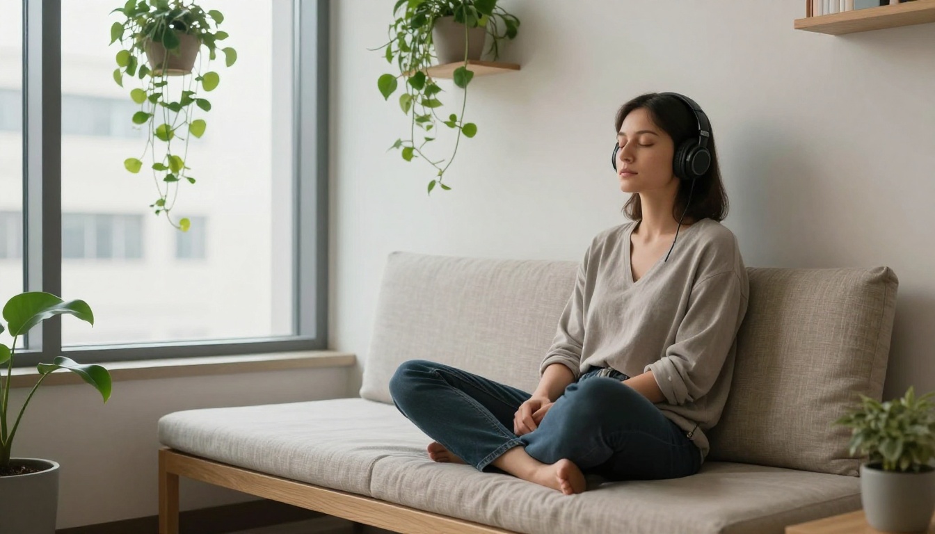 A quiet mindfulness corner inside an office A quiet mindfulness corner inside an office