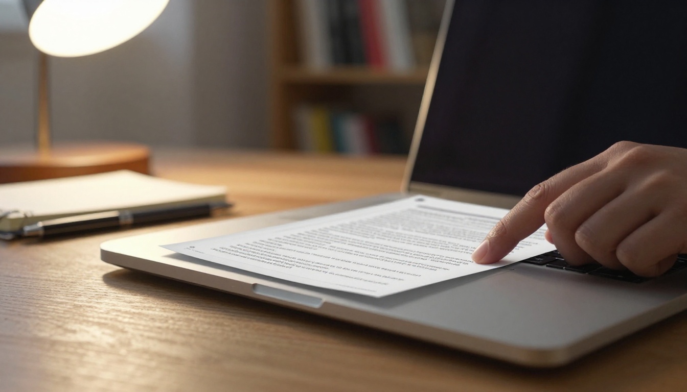 Laptop on a wooden desk showing a digital document mid page turn