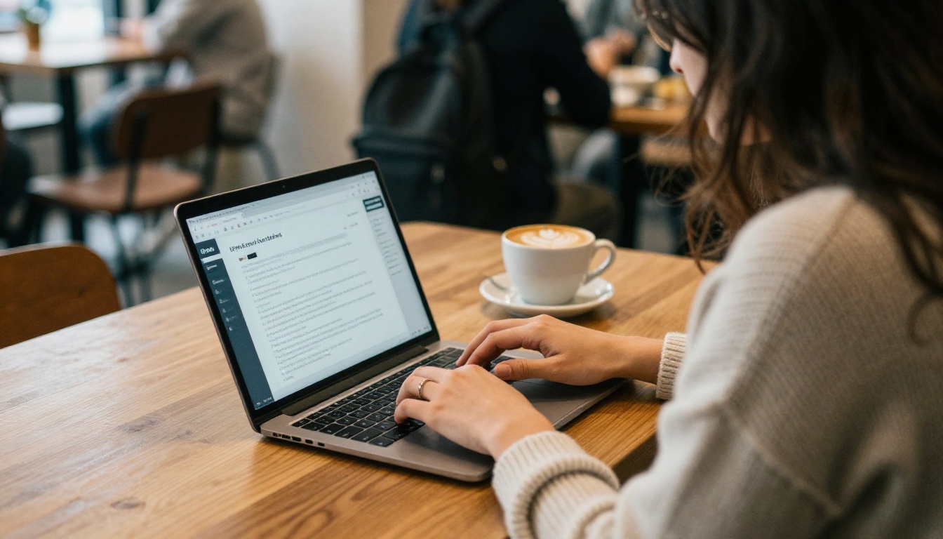 Woman typing an email with a shared link at a coworking table