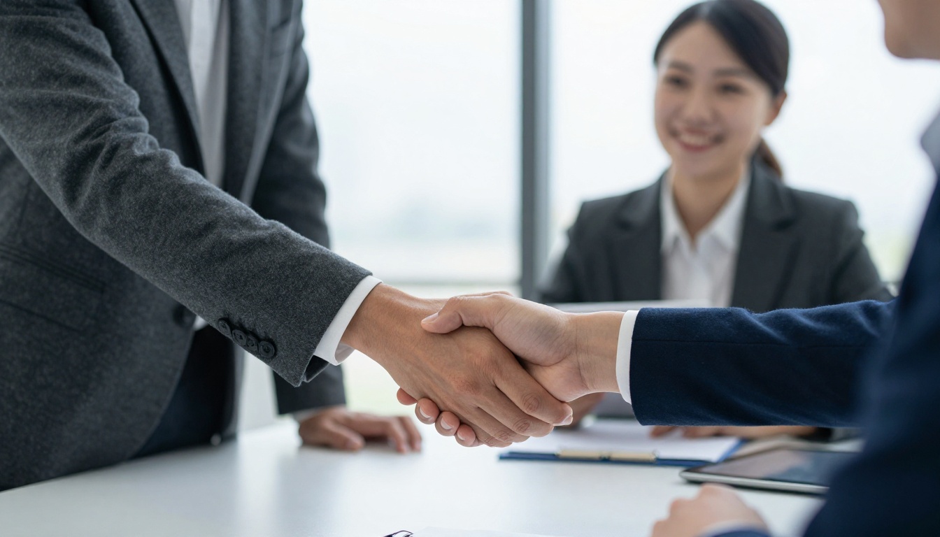 Hiring manager shaking hands with a smiling new hire across a desk