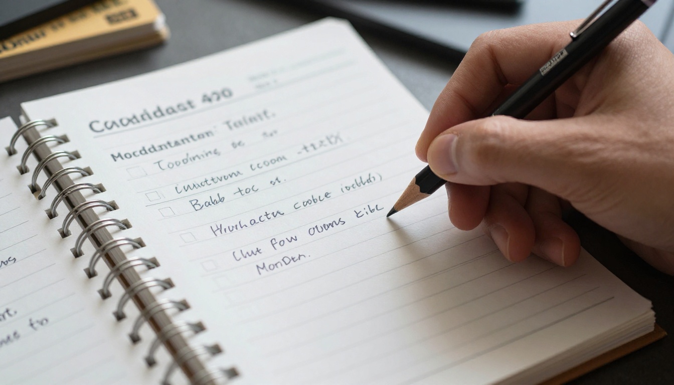 Hand ticking items on a handwritten checklist beside a printed candidate summary