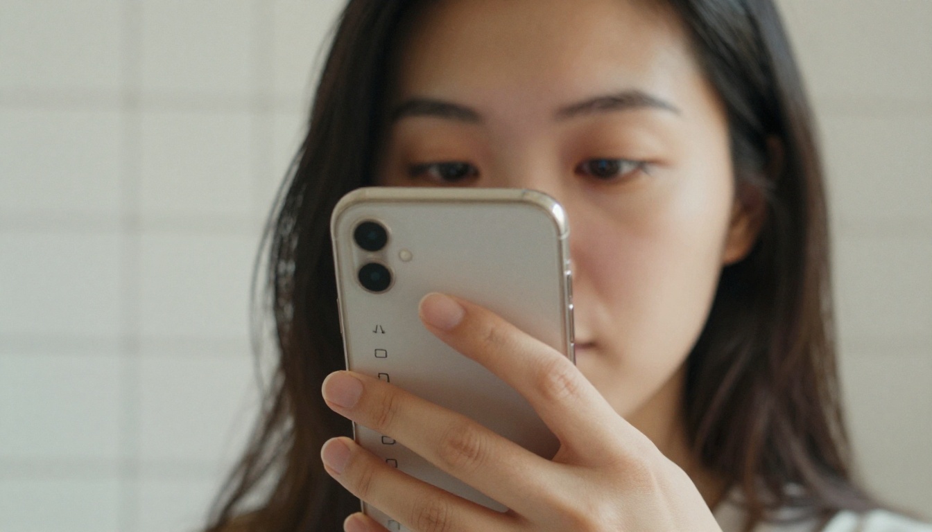 Woman checking a lash aftercare checklist on her smartphone in a bathroom