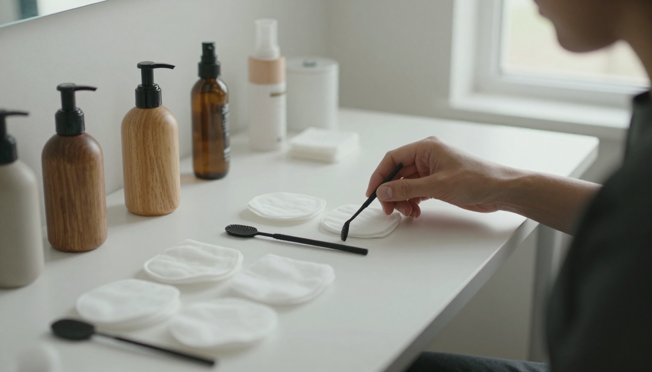 Neatly arranged spoolie, foaming lash cleanser, and cotton pads on a white studio counter