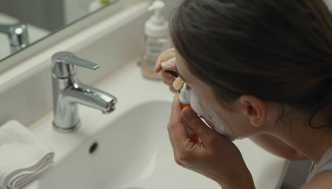 Overhead view of a woman gently cleansing her lash line at a bathroom sink