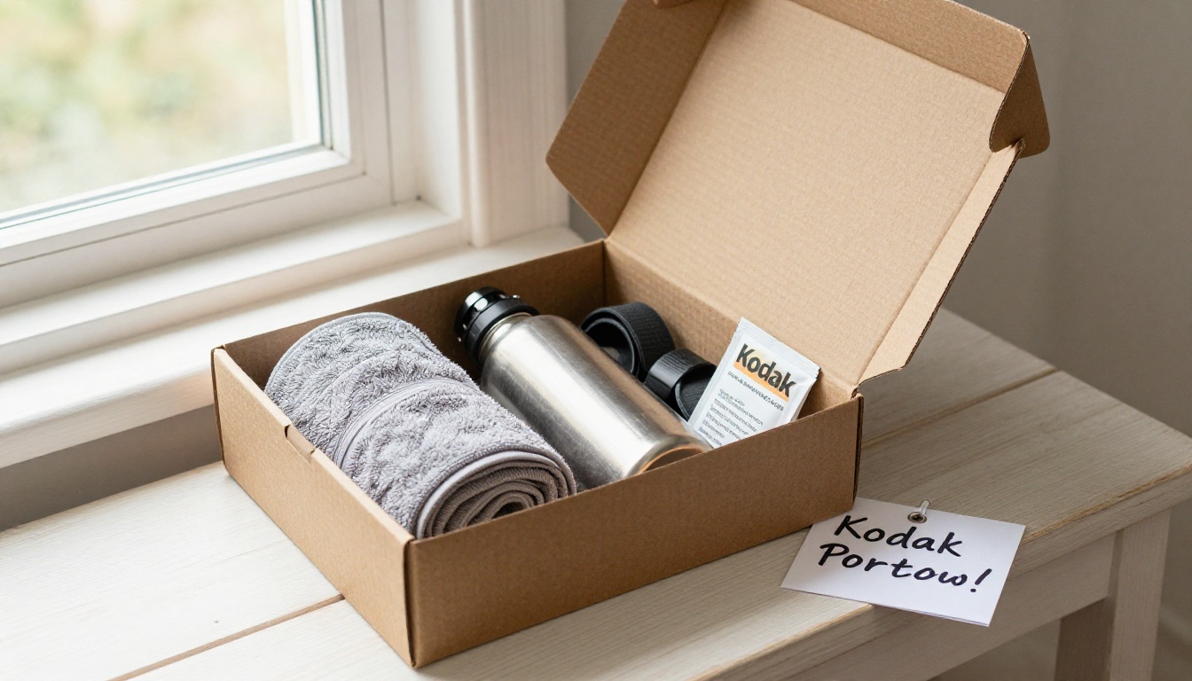 A kraft welcome box with a towel, bottle, band and protein samples