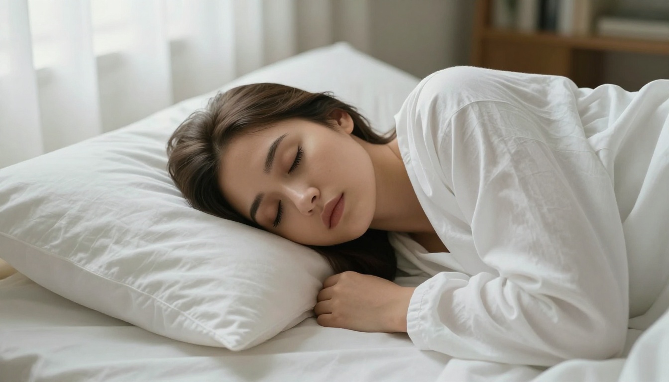 Woman sleeping on her back on white linen with a silk pillowcase
