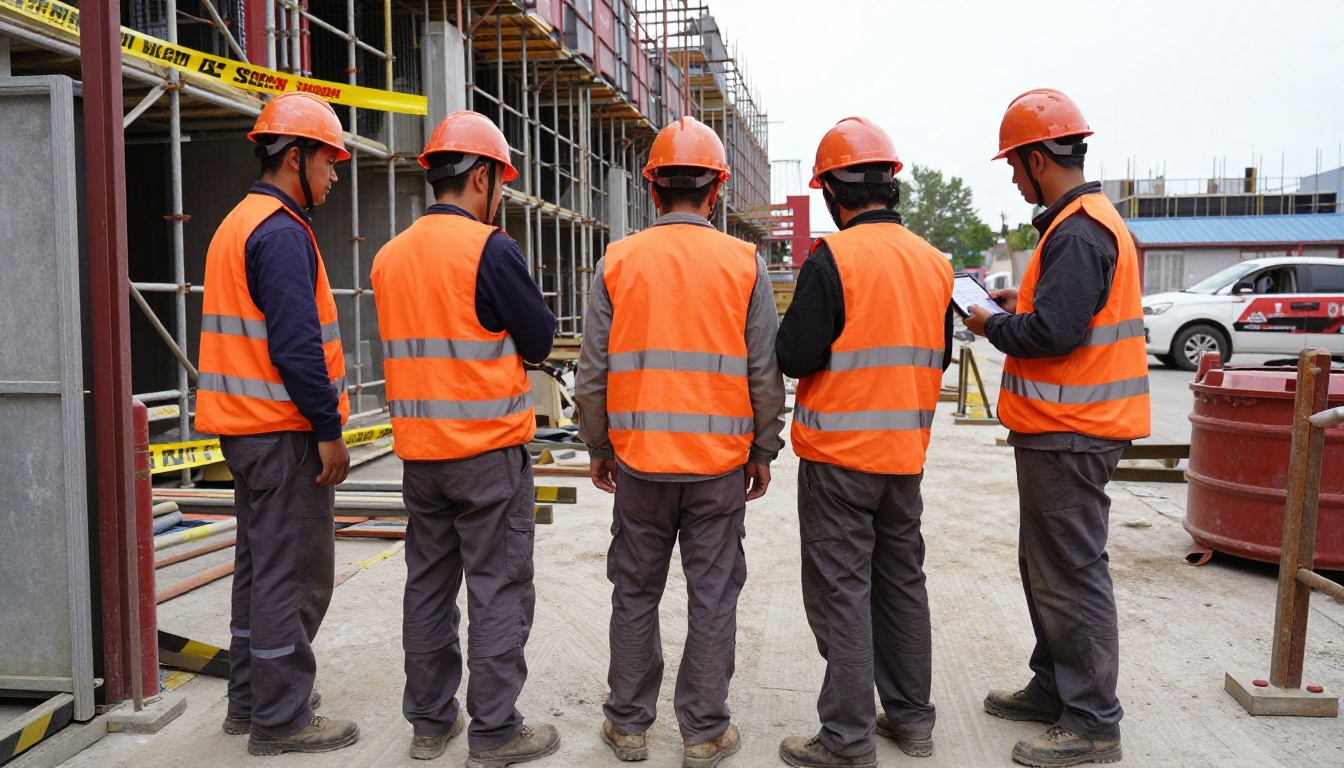 Construction crew in orange high-visibility vests and hard hats at a site entrance
