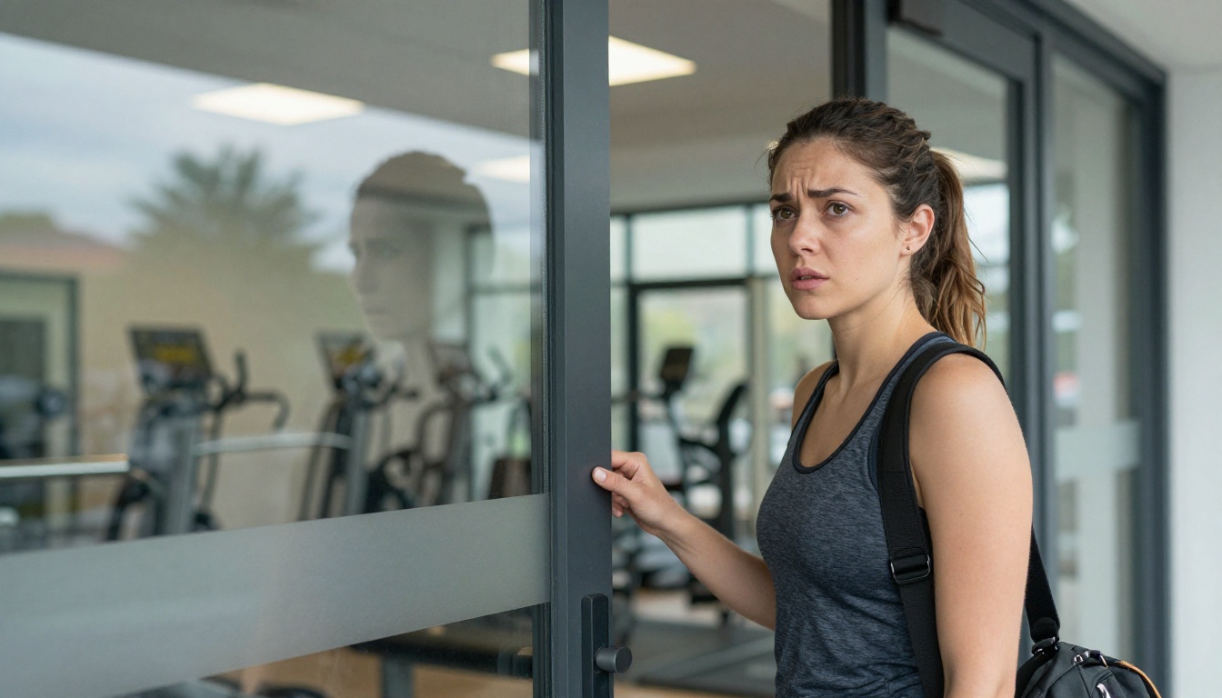 A nervous new member pausing at the gym entrance