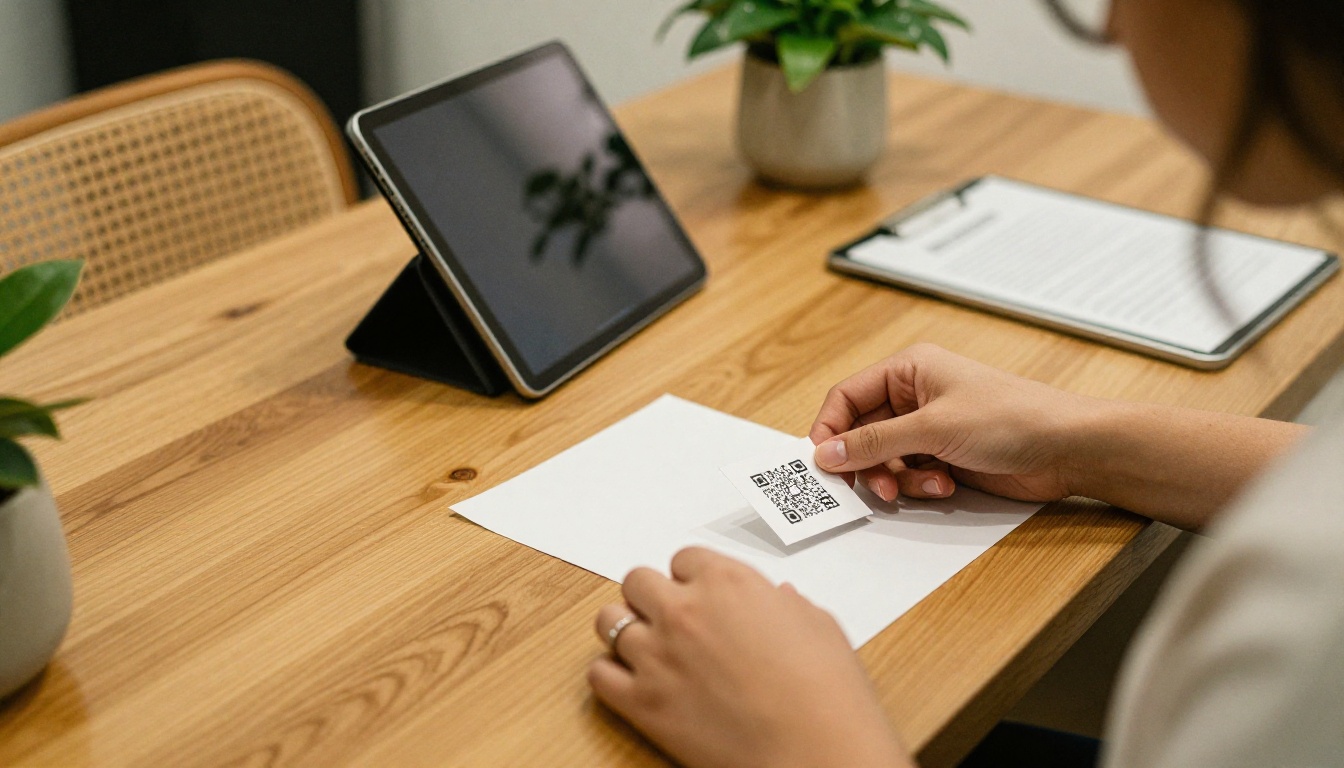Lash artist handing a client a small card with a QR code at the reception desk