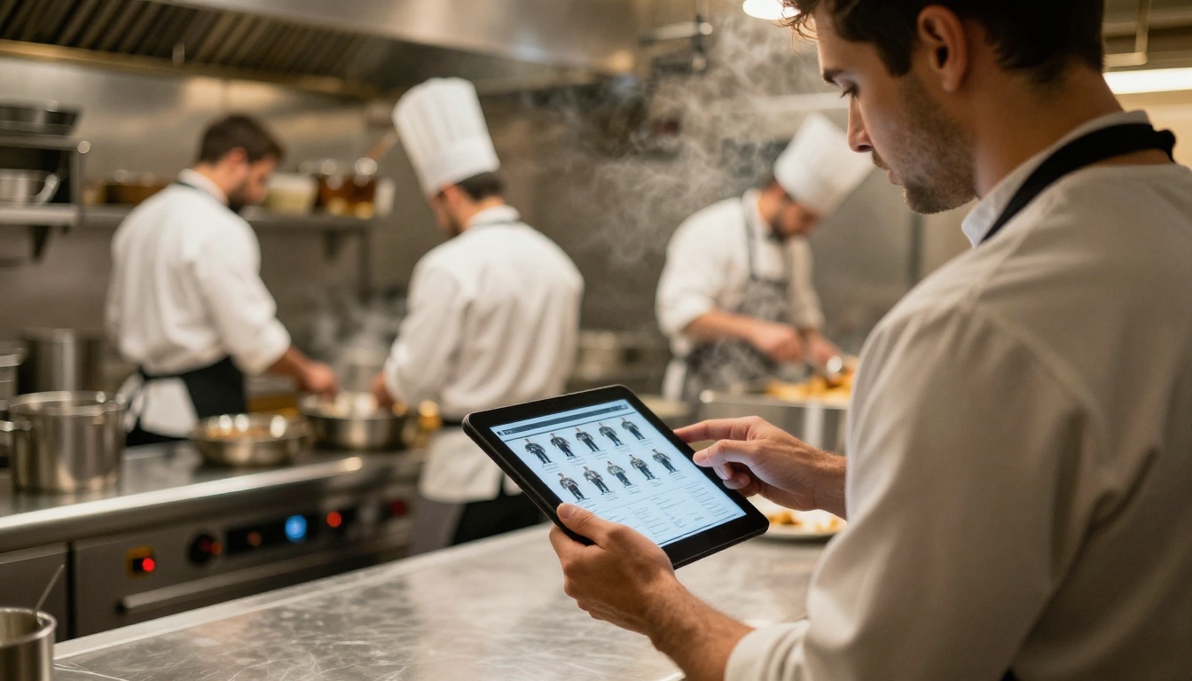 Restaurant manager reviewing a digital uniform catalog on a tablet in a busy kitchen