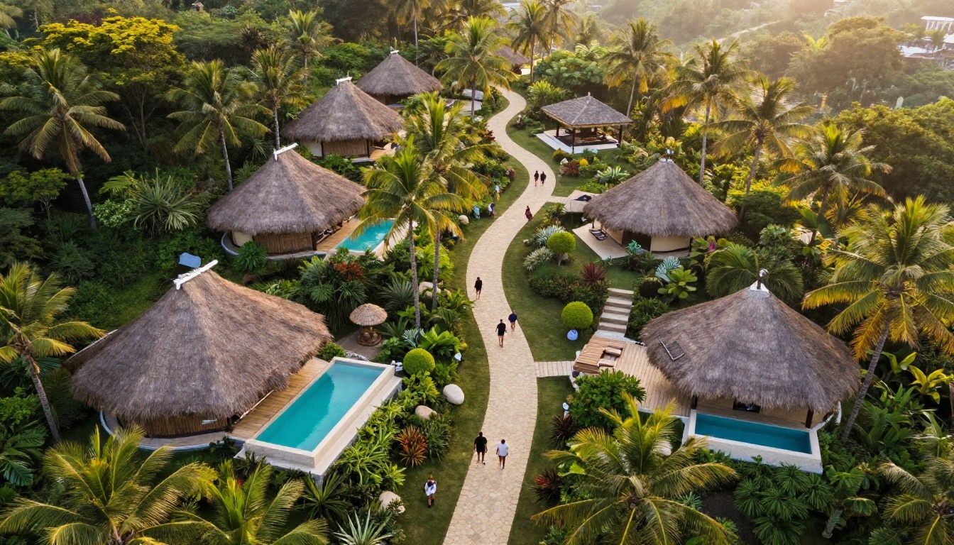 Aerial view of a hillside wellness retreat with bungalows and a pool