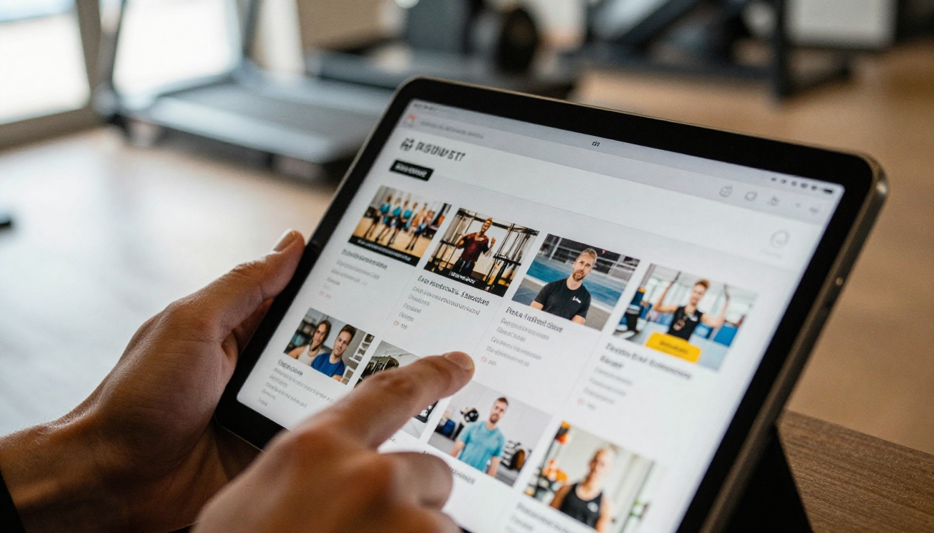 A gym owner showing a page turning digital booklet on a tablet