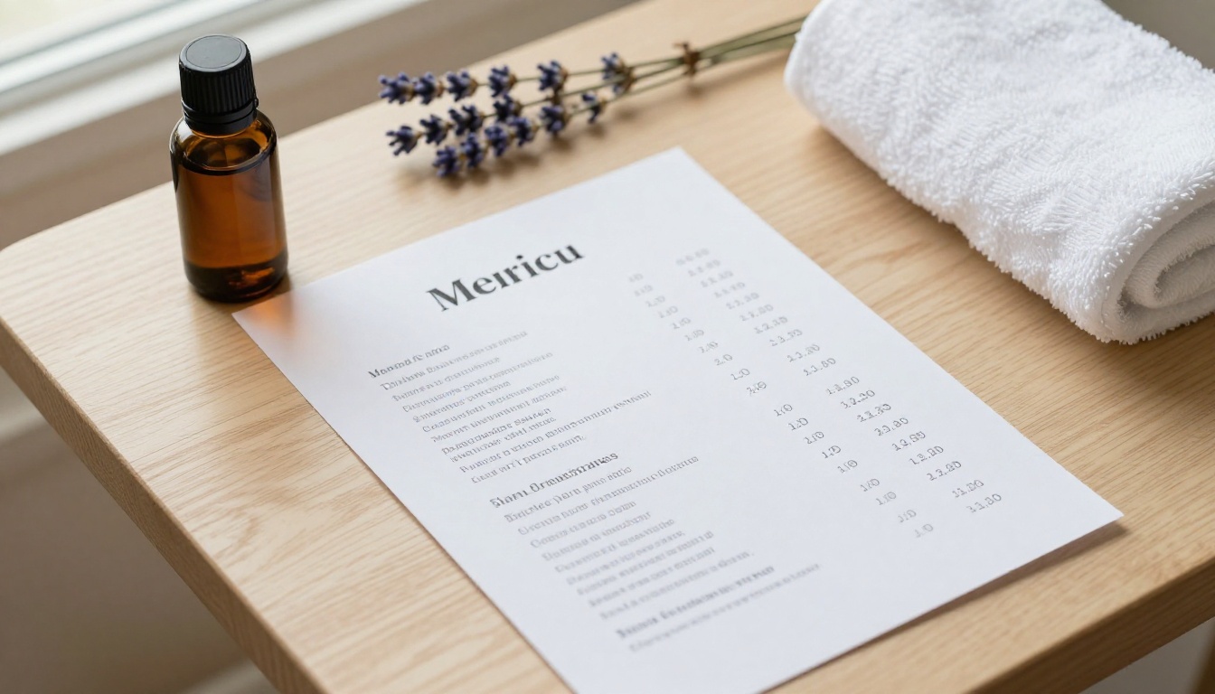 Printed massage service menu with price columns beside oil and lavender