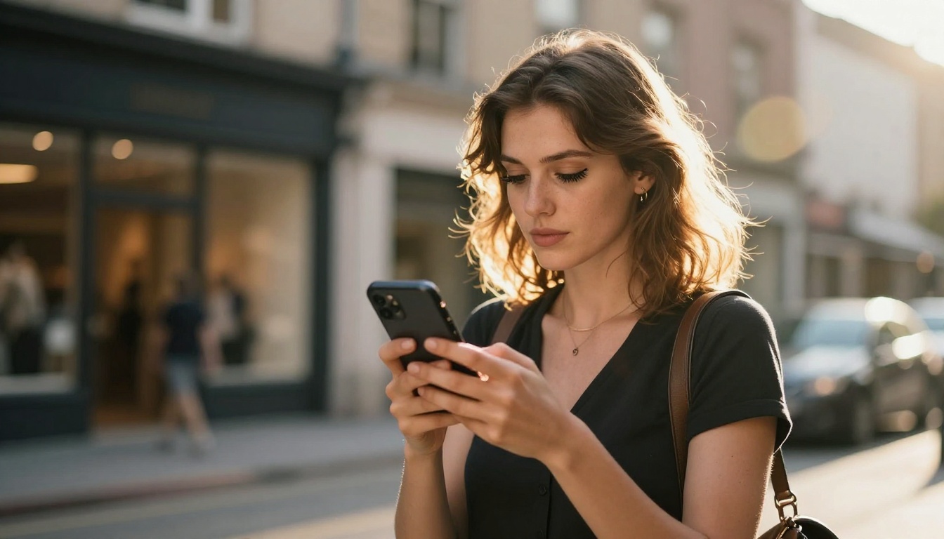 Woman walking down a sunny street glancing at her smartphone