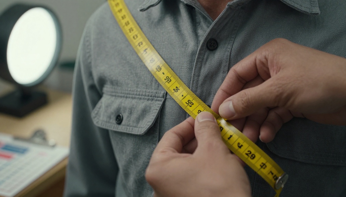 Hands measuring a worker's chest with a yellow tape measure next to a size chart clipboard