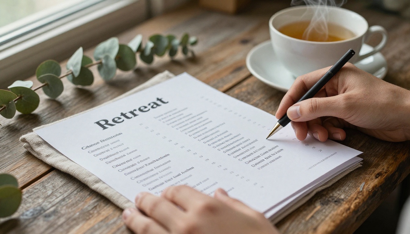 Hands flipping through a printed retreat program brochure on a wooden table
