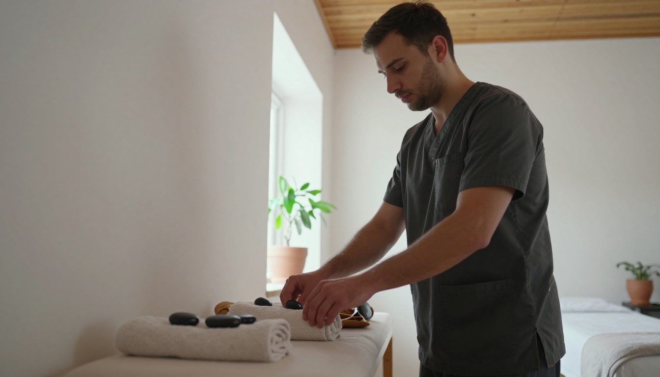 Massage therapist arranging rolled towels and warm stones in a bright treatment room