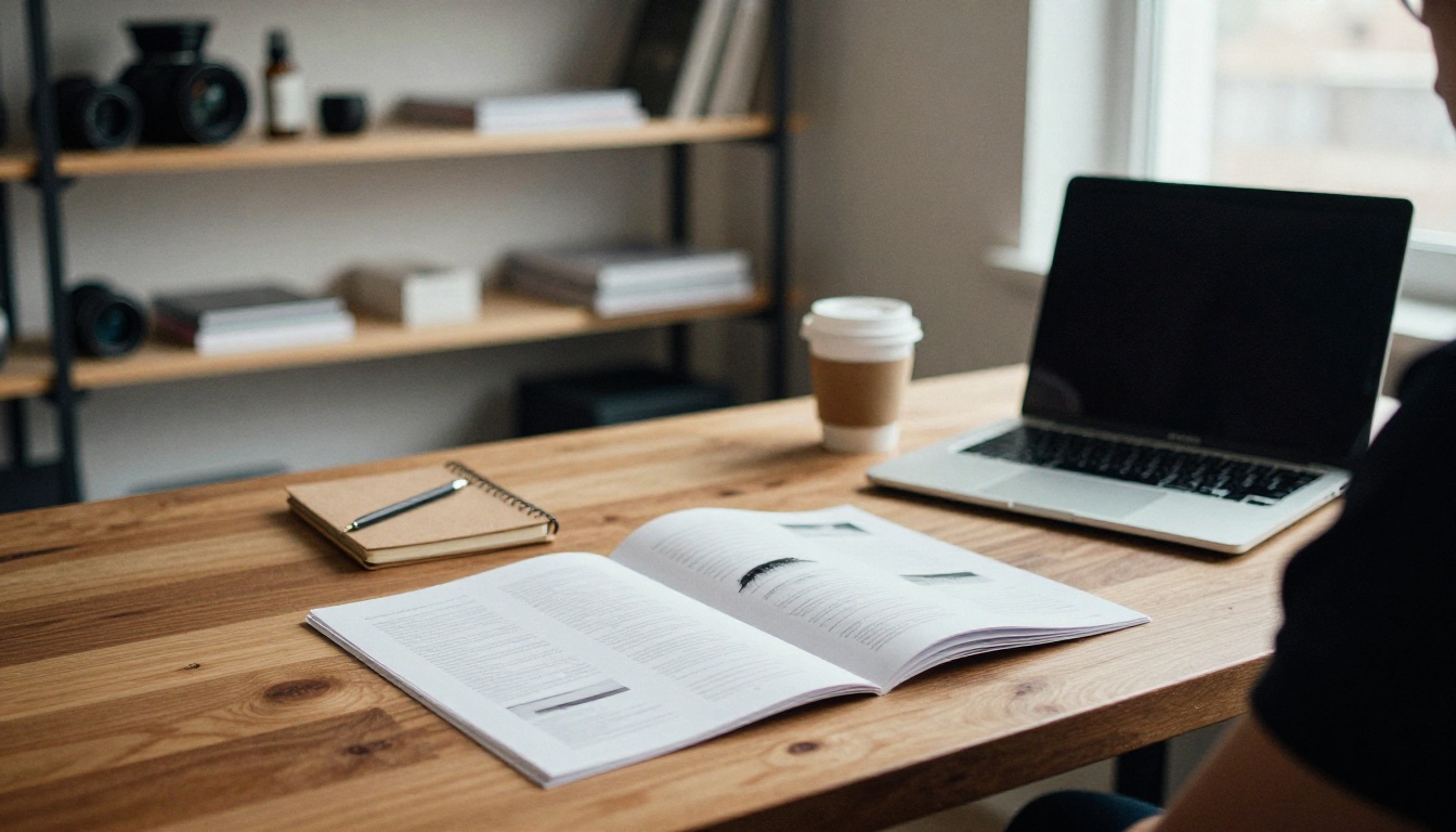 Lash studio owner at a desk with a laptop and printed pages planning a flipbook
