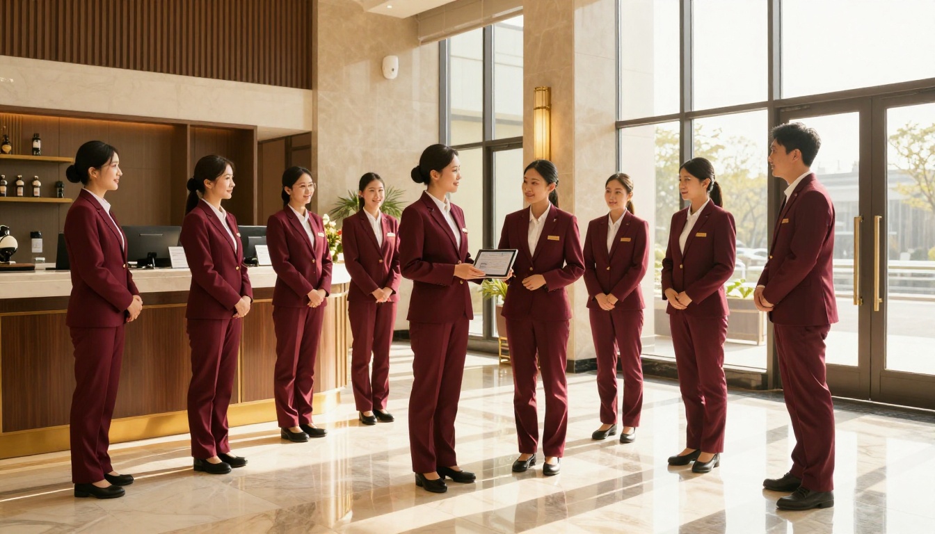 Hotel front desk team in matching burgundy blazers in a sunlit lobby