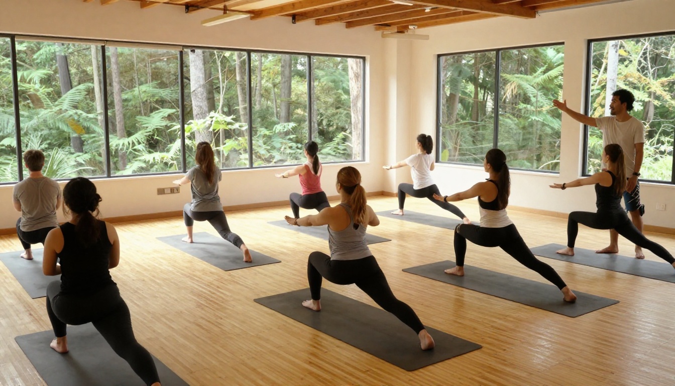 Guests in a sunlit yoga studio performing warrior pose