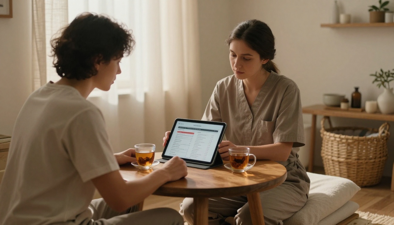 Therapist and client discussing a service list on a tablet in a consultation corner