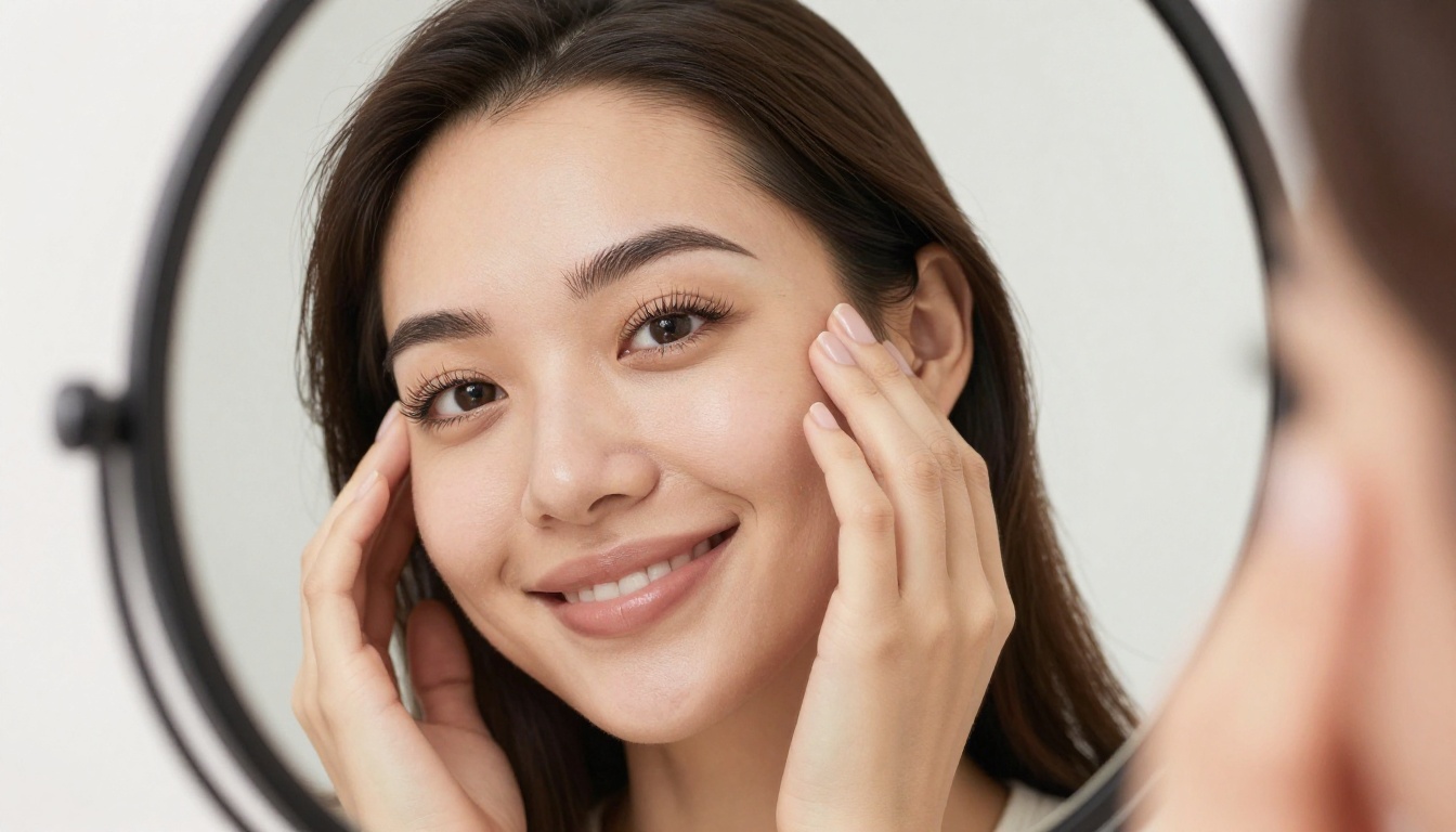 Smiling woman looking at herself in a round mirror after a lash and brow appointment