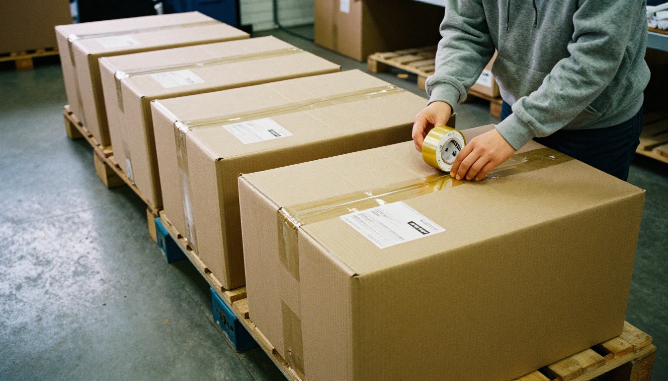 Worker in a gray hoodie sealing cardboard boxes of uniforms at a packing station