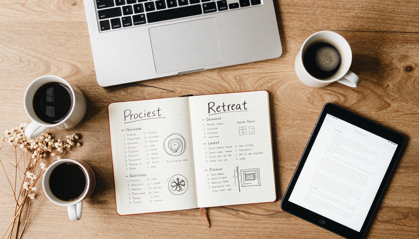 Overhead flat lay of a retreat host planning desk